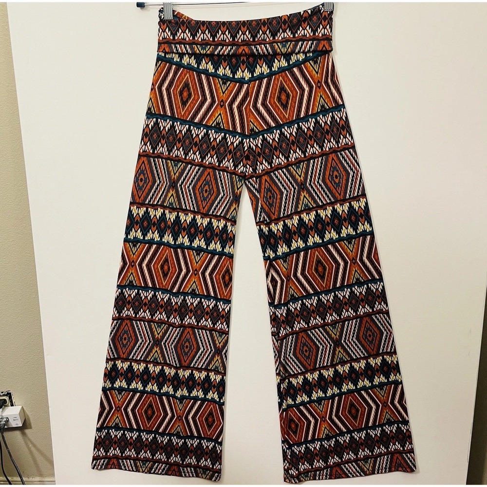 Luxe Foldover Waist Palazzo Pants Aztec Stretch Retro Western Boho Festival Sz M